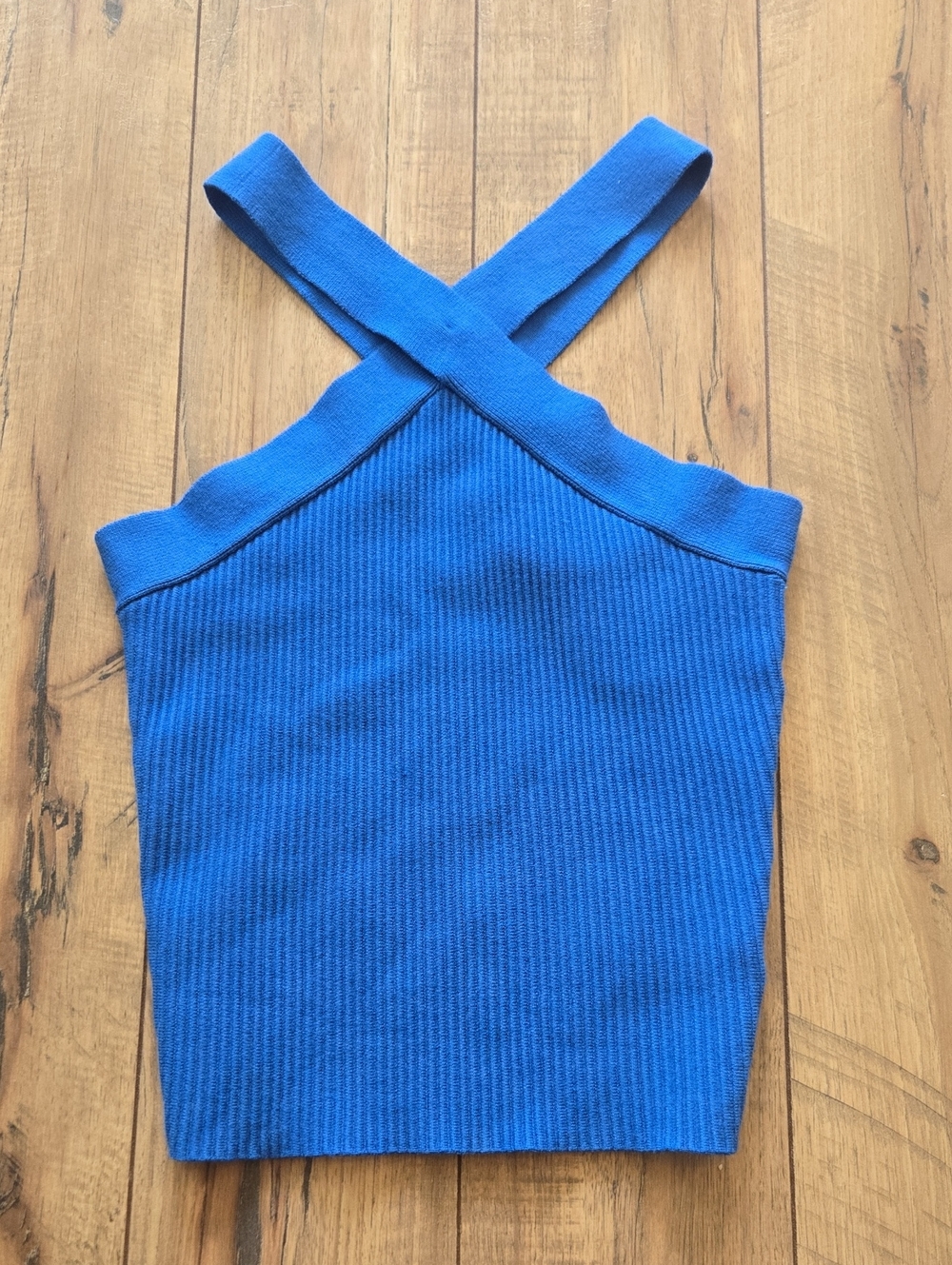 House Of Harlow 1960 Blue Crop Ribbed Sculpt Knit Criss Cross Top